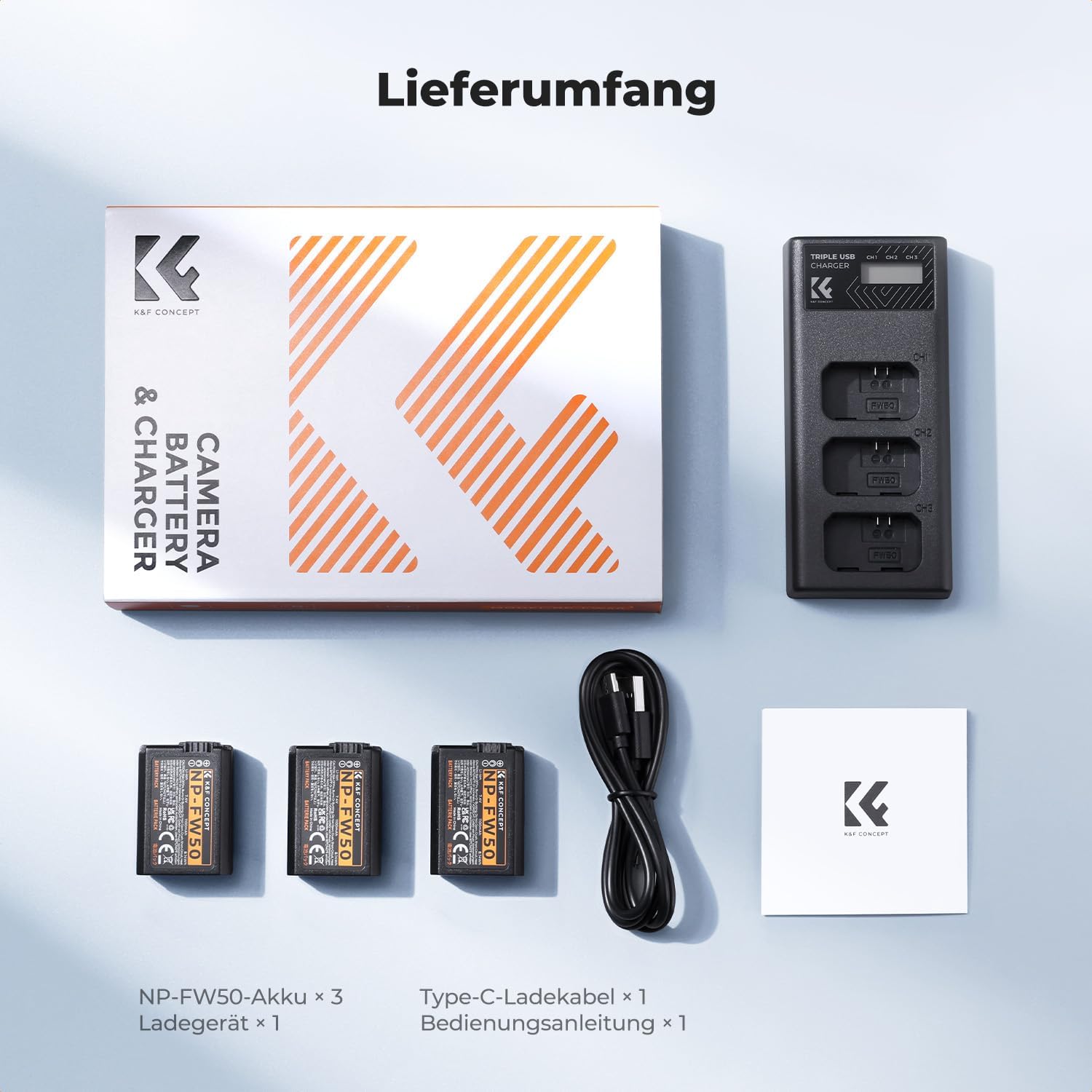 Thumbnail 6 de K&F CONCEPT NP-FW50 1100 mAh Akku-Set (3er-Pack) + 3-Slot-Dreifach-Ladegerät mit LCD für Sony-Kameras