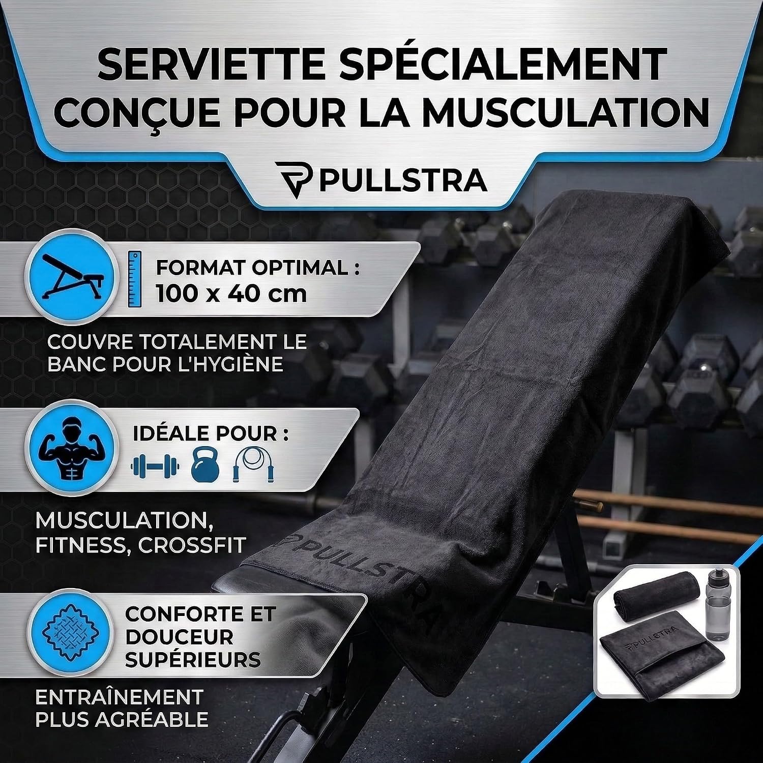 Thumbnail 3 de Pullstra Serviette Sport Musculation Microfibre 100x40 cm – Tapisserie absorbante avec poche pour banc de musculation