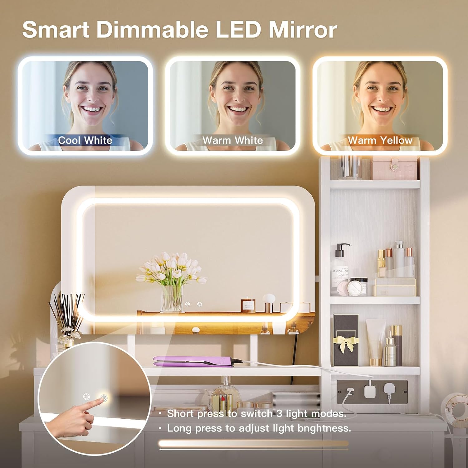 Detalle de ODK Dressing Table, Adjustable LED Mirror