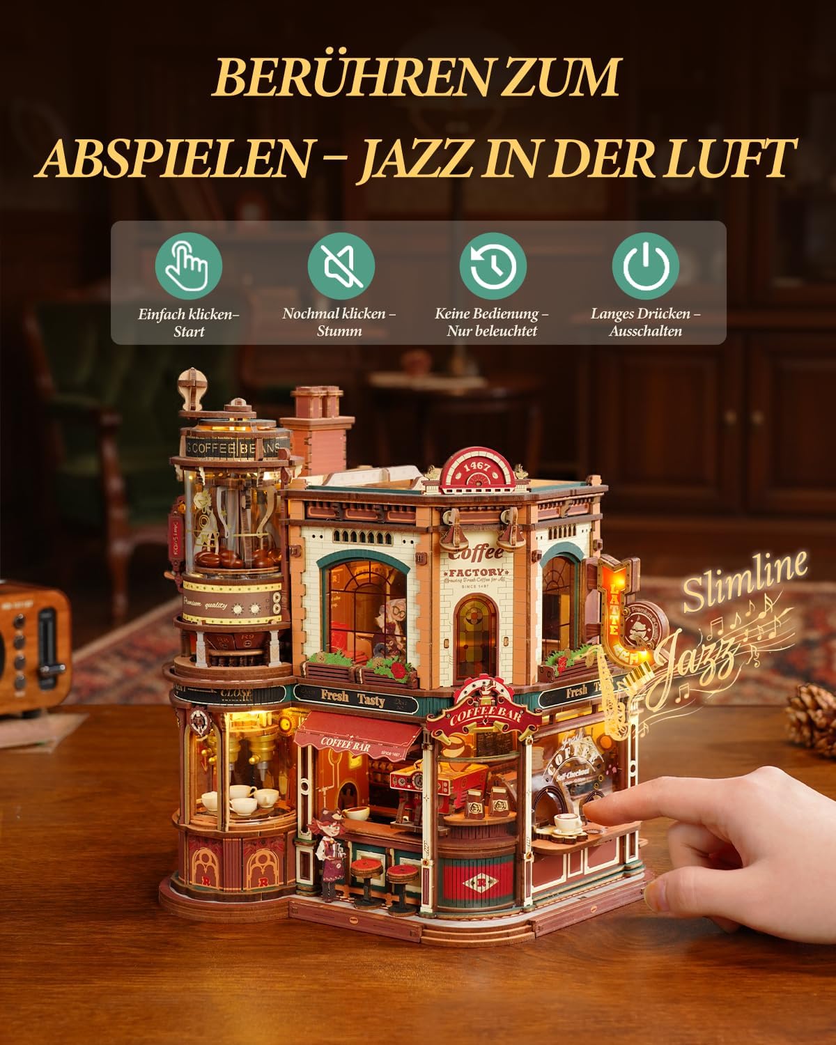 Detalle de ROKR 3D Holzpuzzle Erwachsene Dream Coffee Factory – Handwerkliches Diorama zum Selberbauen