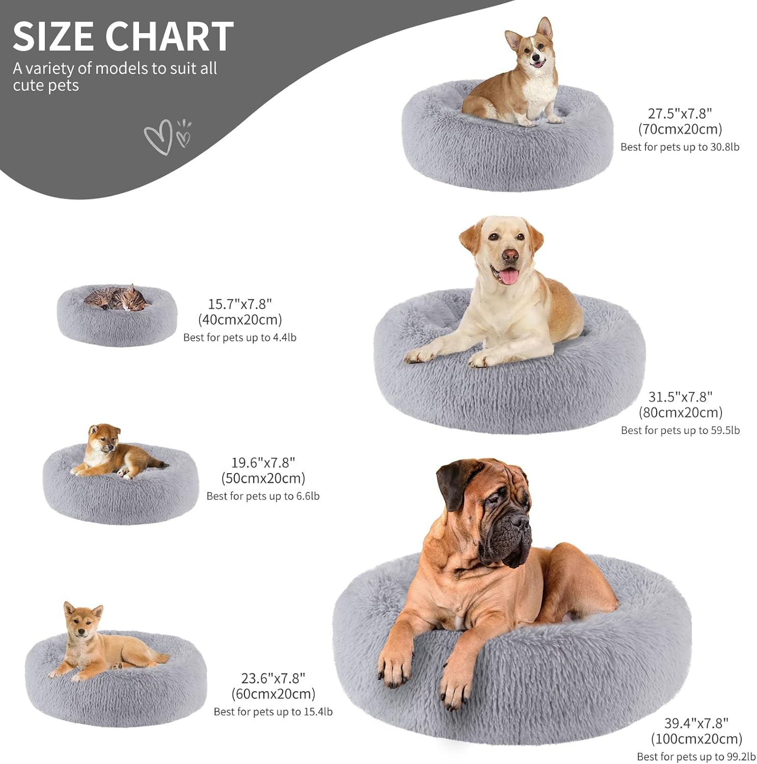 Thumbnail 3 de BVAGSS Donut-Hundebett rund für Katzen und Hunde – Flauschiger Plüsch, waschbar, Ø 60 cm (hellgrau)
