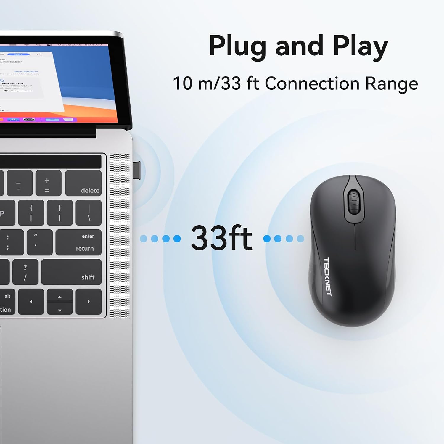 Detalle de TECKNET Wireless Mouse (2.4GHz, USB receiver) – 3-level 1600 DPI, silent buttons, ambidextrous, £-friendly everyday pick in grey