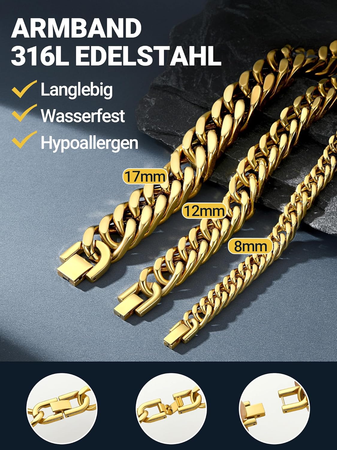 Thumbnail 1 de PROSTEEL Herren Armband: Edelstahl mit 18K Vergoldung, Panzerkette, 8 mm Breite (19/21/23 cm) – robuster Modeschmuck