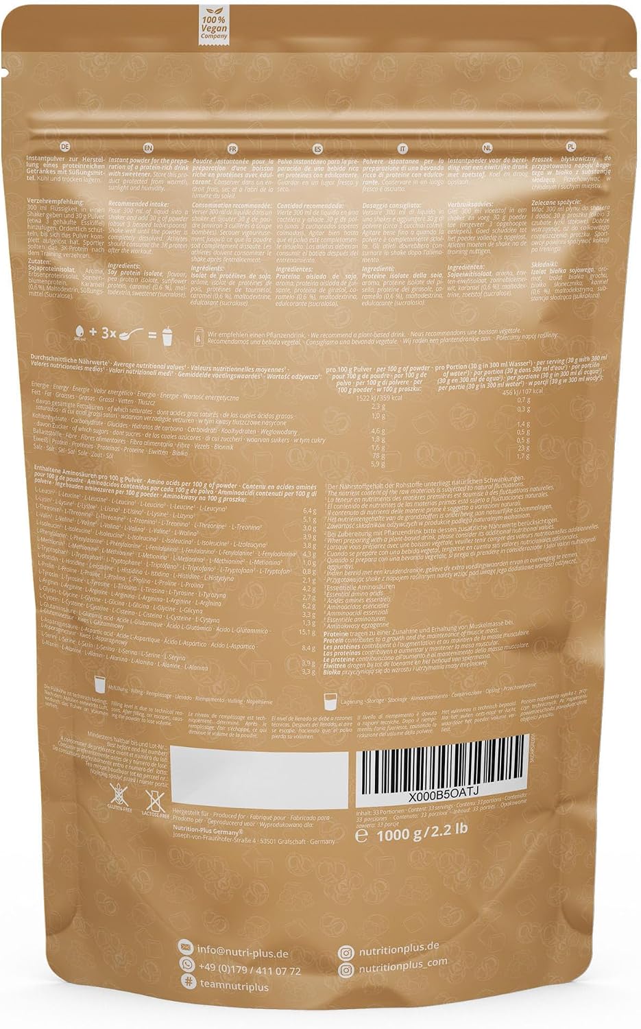 Thumbnail 4 de Nutri + Eiweiß Pulver Vegan Salted Caramel Pretzel 1 kg – Mehrkomponenten Protein mit 78% Proteinanteil