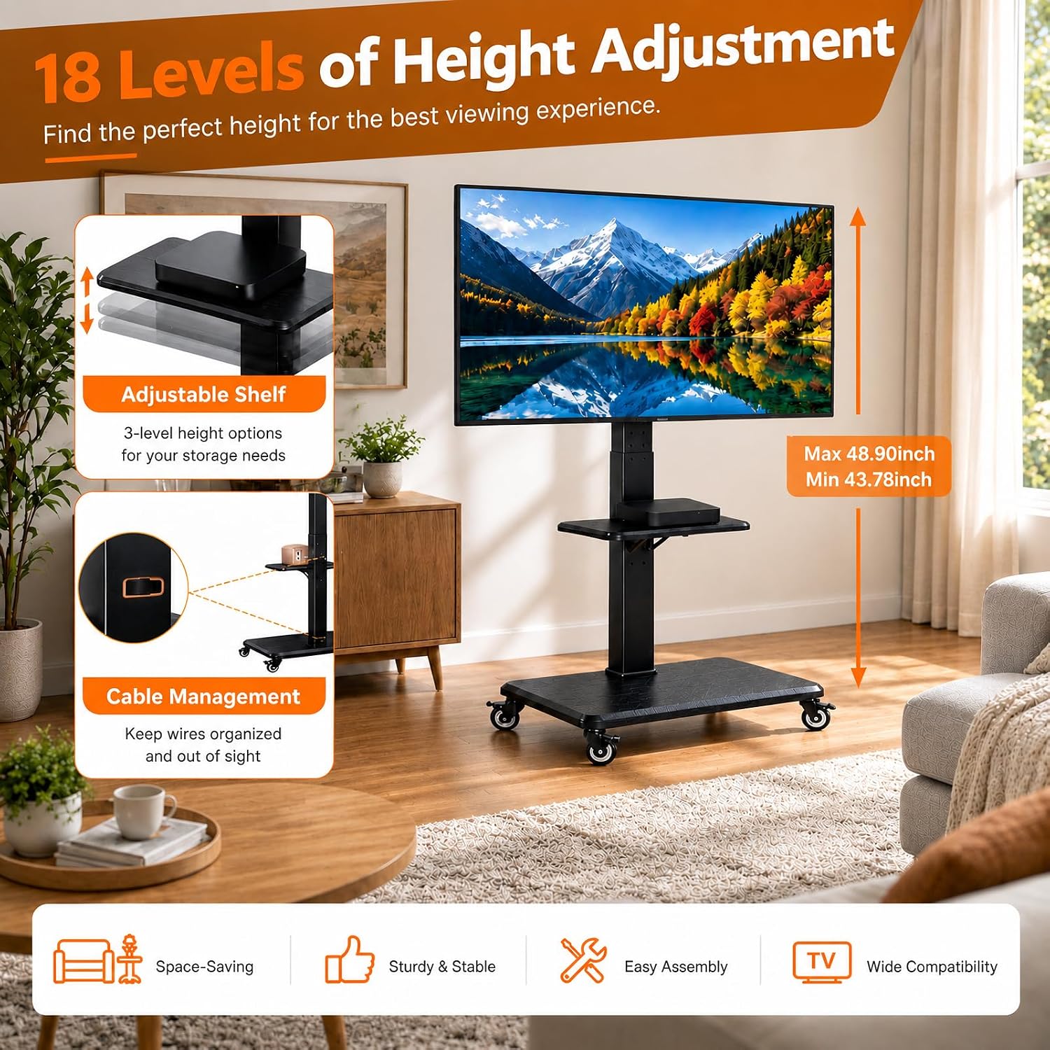 Thumbnail 1 de Perlegear PGTVMC27 Rolling TV Stand, 18 Height Settings, Locking Wheels