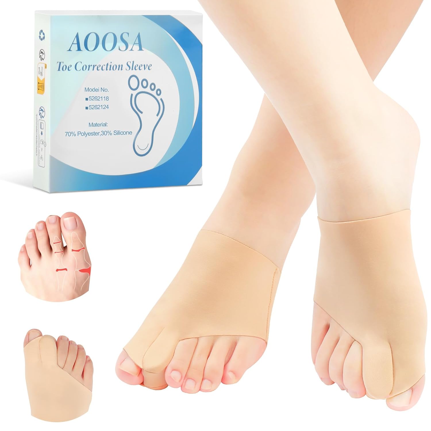 Detalle de AOOSA Hallux-valgussokken met siliconen pads, herbruikbaar en huidkleurig