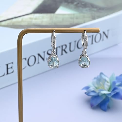 Detalle de Weviway Silver Aquamarine Drop Earrings – Teardrop Crystal Hoop with Lever-Back Closure