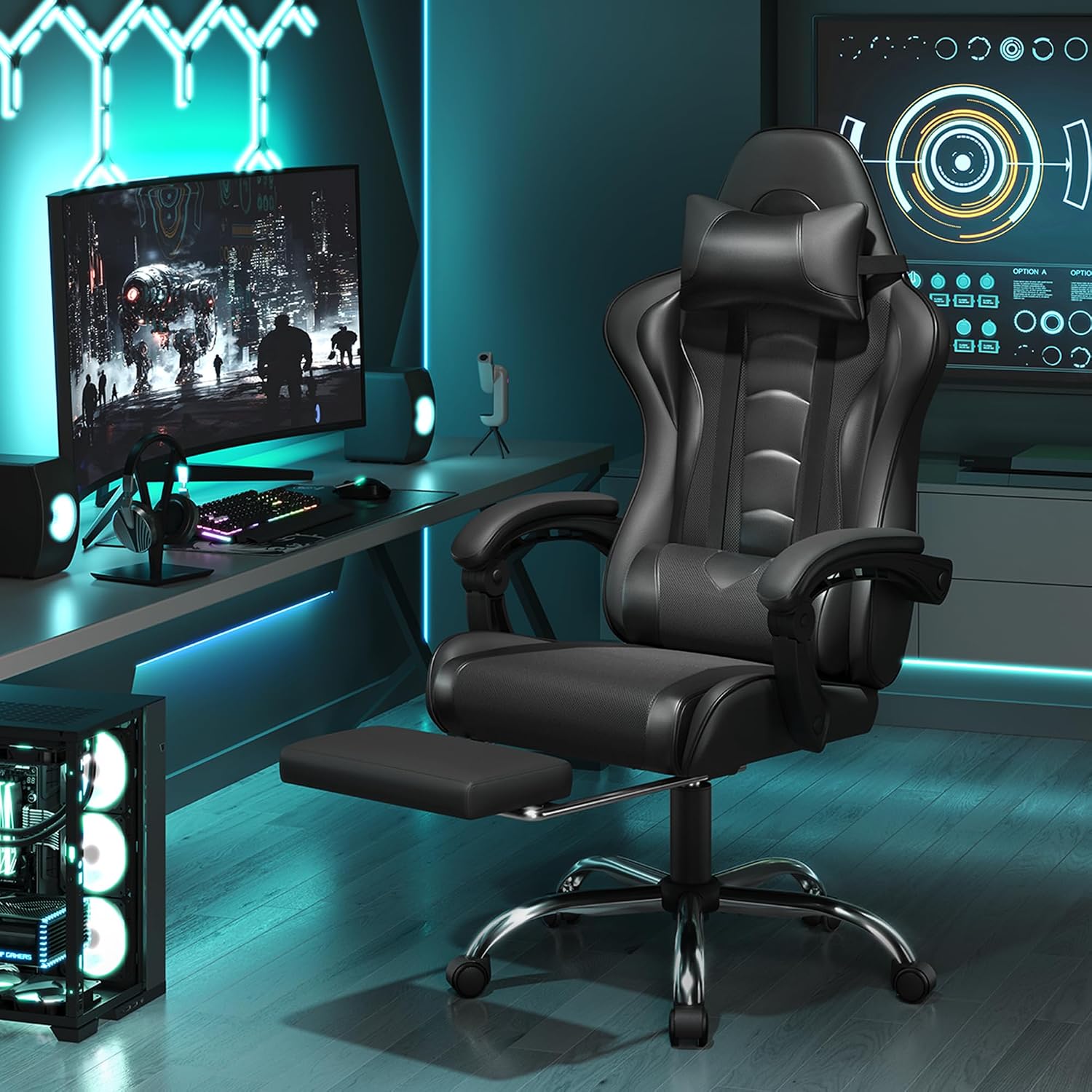 Thumbnail 1 de Yaheetech Sedia Gaming Ergonomica Massaggiante Reclinabile con Poggiapiedi, Poggiatesta e Supporto Lombare — Poltrona da Scrivania Nero