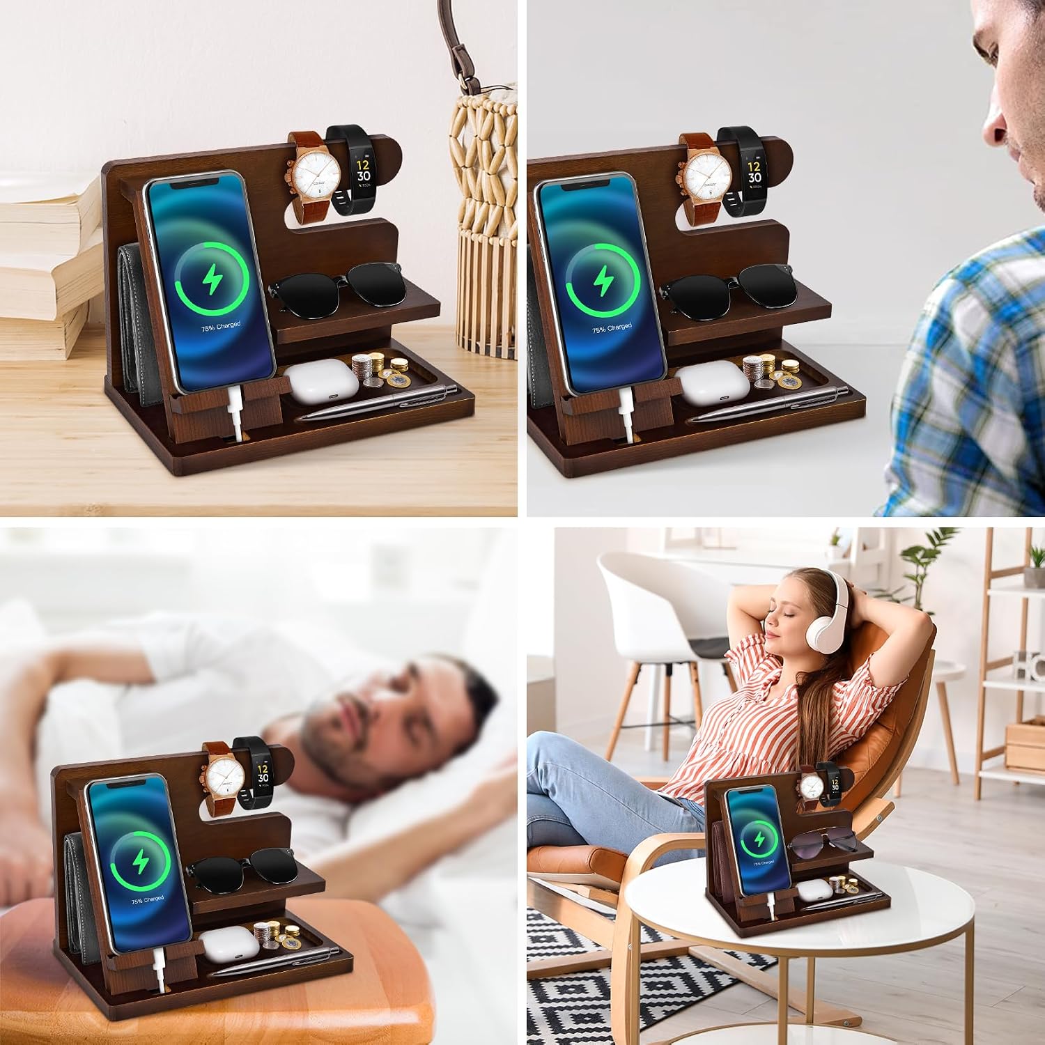 Thumbnail 6 de Hanari houten bureau-organizer met gsm-houder, 5 vakken, bruin
