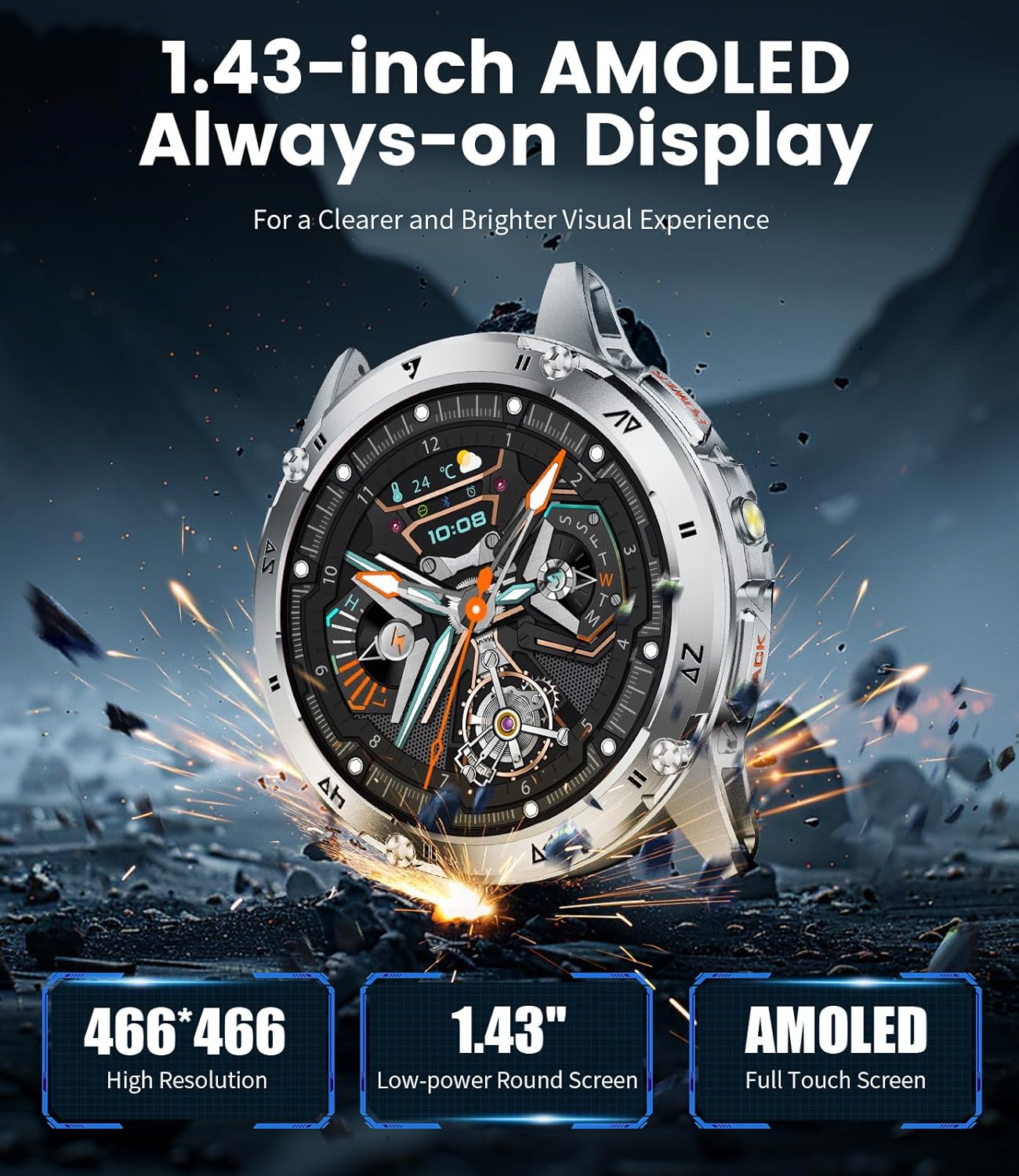 Thumbnail 4 de CHOOSETIME Montre connectée pour homme 1,43” AMOLED : appels Bluetooth, fréquence cardiaque et sommeil, IP68