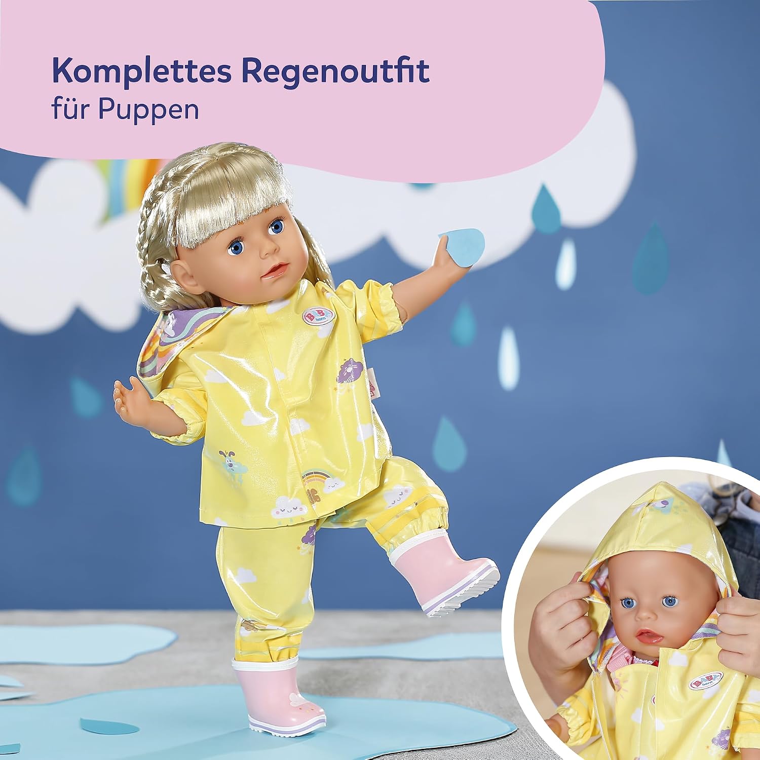 Detalle de Baby Born Regen-Outfit: Regenmantel, Regenhose und Gummistiefel für 43 cm Puppen