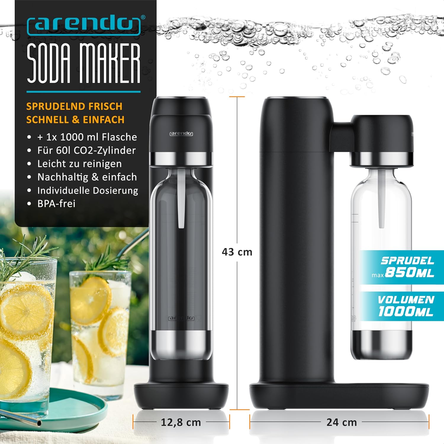 Detalle de Arendo Soda Maker Wassersprudler – BPA-freie 1000 ml Flasche, kompatibel mit 60 L CO2 Zylindern