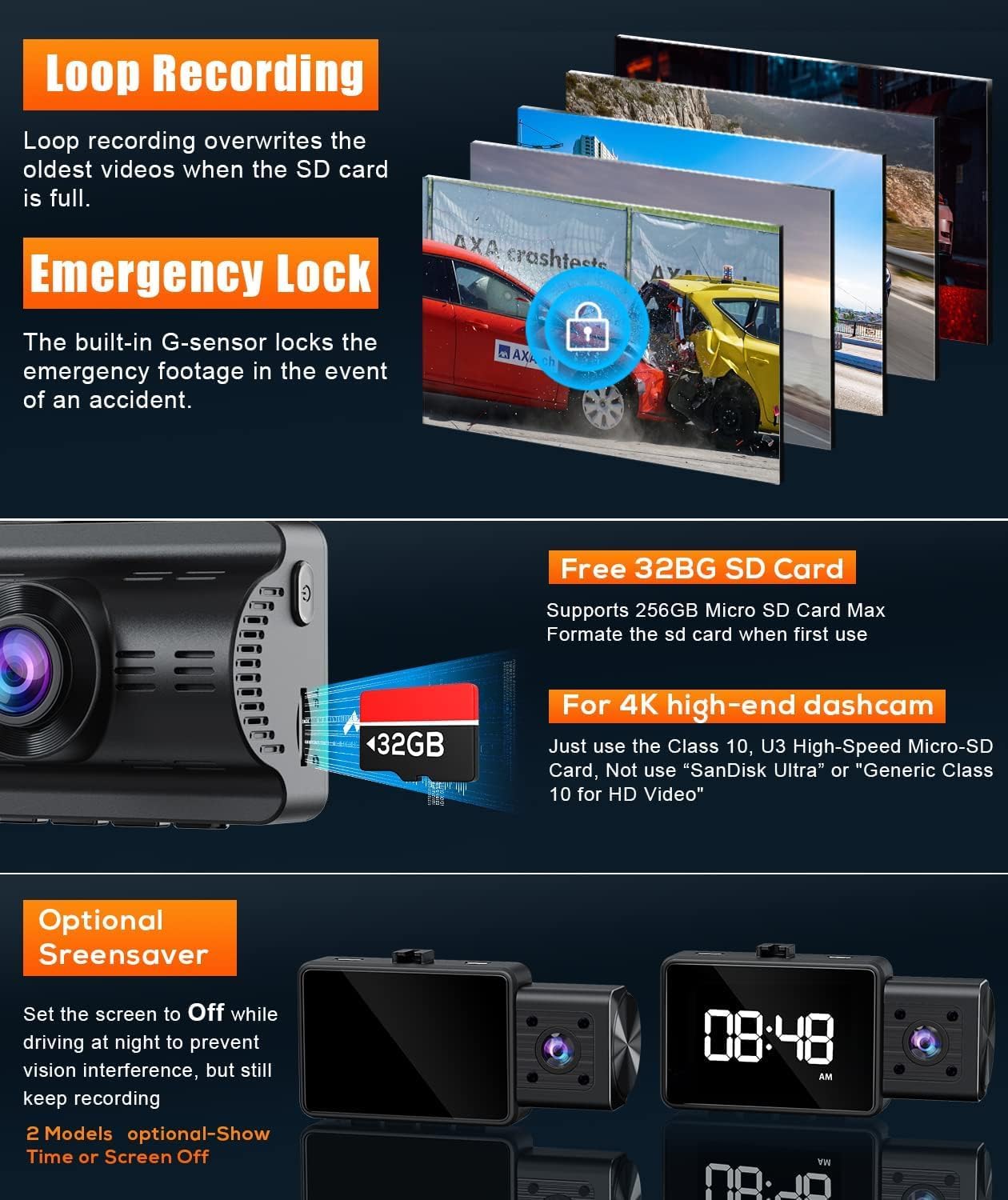 Detalle 2 de Moplasz 4K Dash Cam Front and Rear (Dual 4K+2K) with Wi‑Fi App, Night Vision and 32GB SD Card