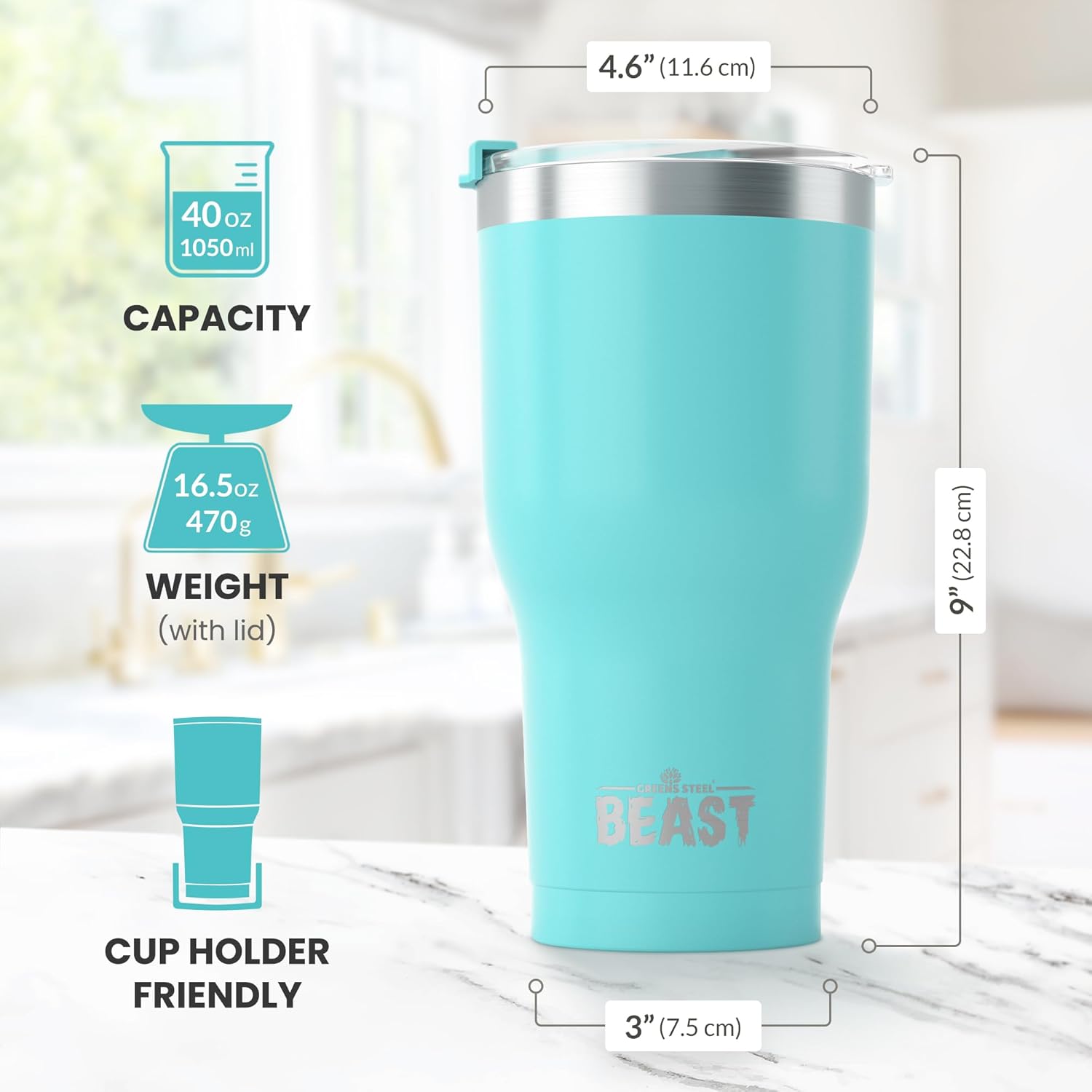 Thumbnail 6 de Beast 40 oz Tumbler: Aquamarine Blue Stainless Steel Vacuum Insulated Travel Flask