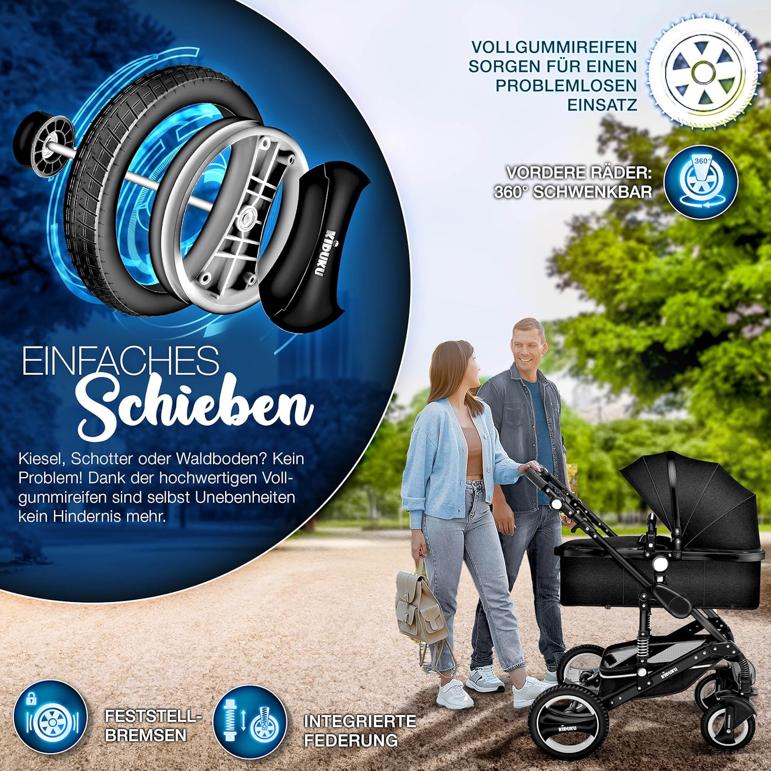Thumbnail 2 de KIDUKU 3 in 1 Kinderwagen XXL Komplettset – Vollständiges Set mit Babywanne, Buggy, Sportsitz & Auto-Babyschale