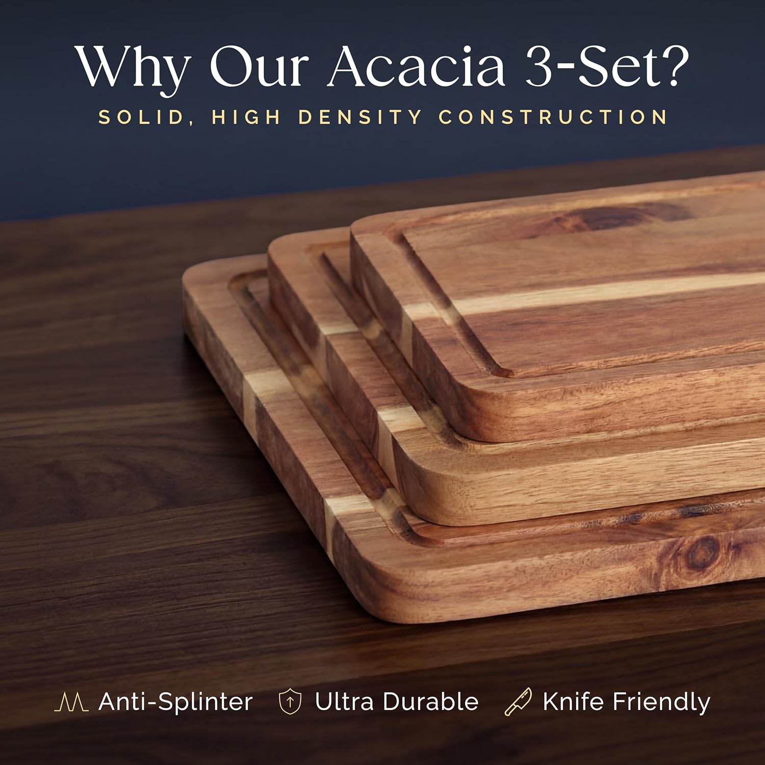 Detalle de Pre-Oiled 3-Piece Acacia Cutting Board Set with Stand (FSC Certified) + 3.4 fl oz Board Oil