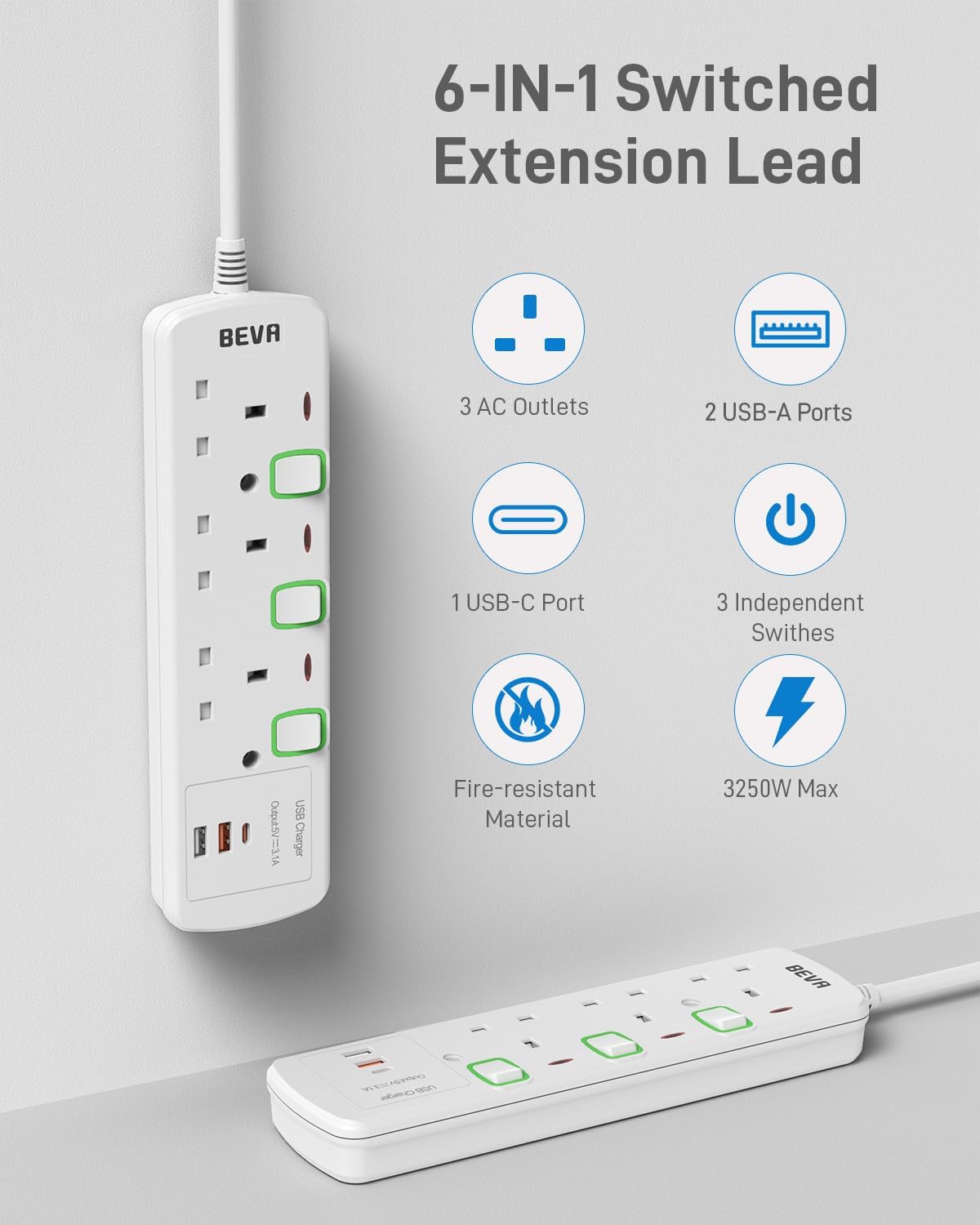 Detalle 2 de BEVA 3-way extension lead with 2 USB-A and 1 USB-C (1.5m cable) with individual switched sockets