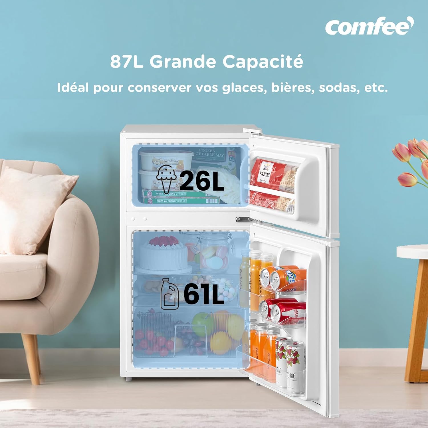 Detalle de Comfee' RCT87WH2(E), Petit Réfrigérateur Congélateur 87 L – Blanc