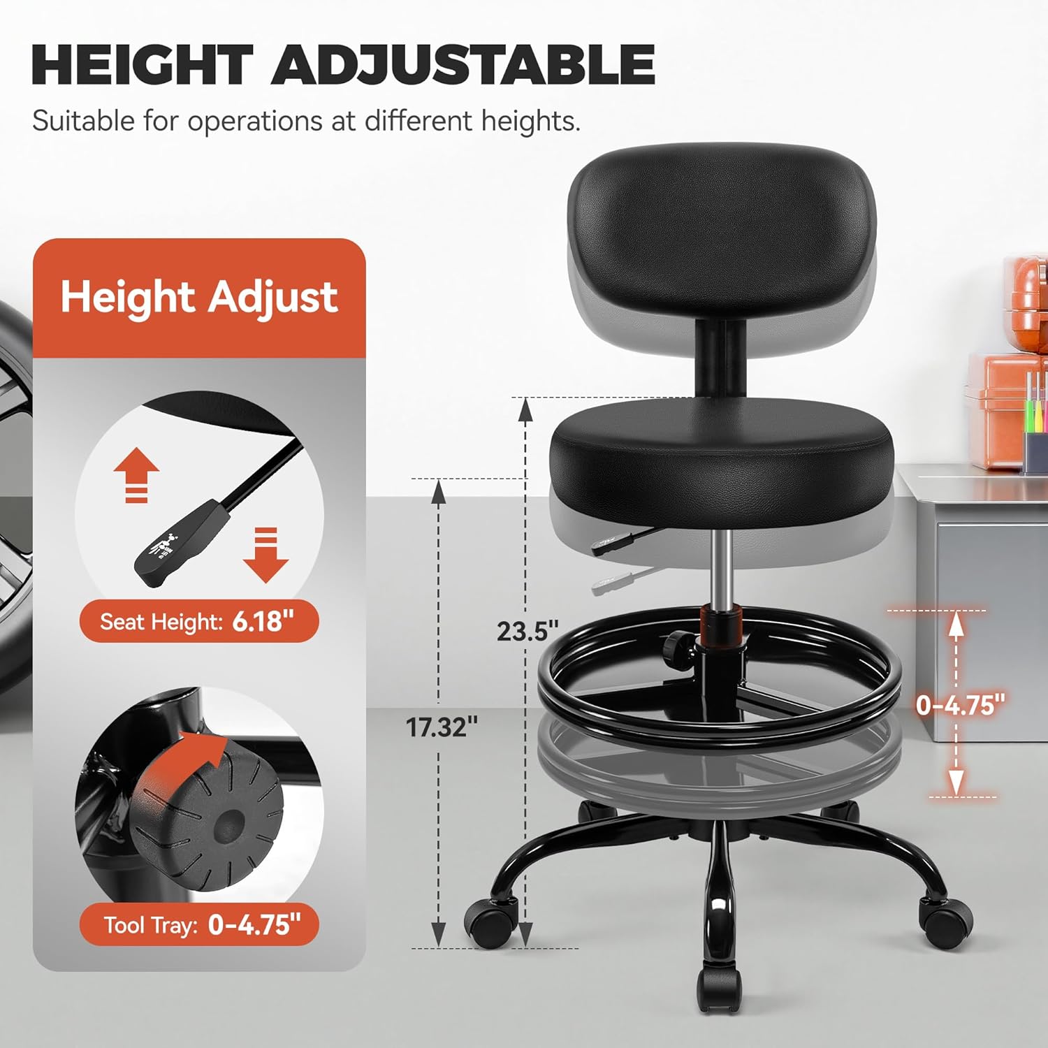 Thumbnail 1 de Shop Stool with Wheels 17.3–23.5"