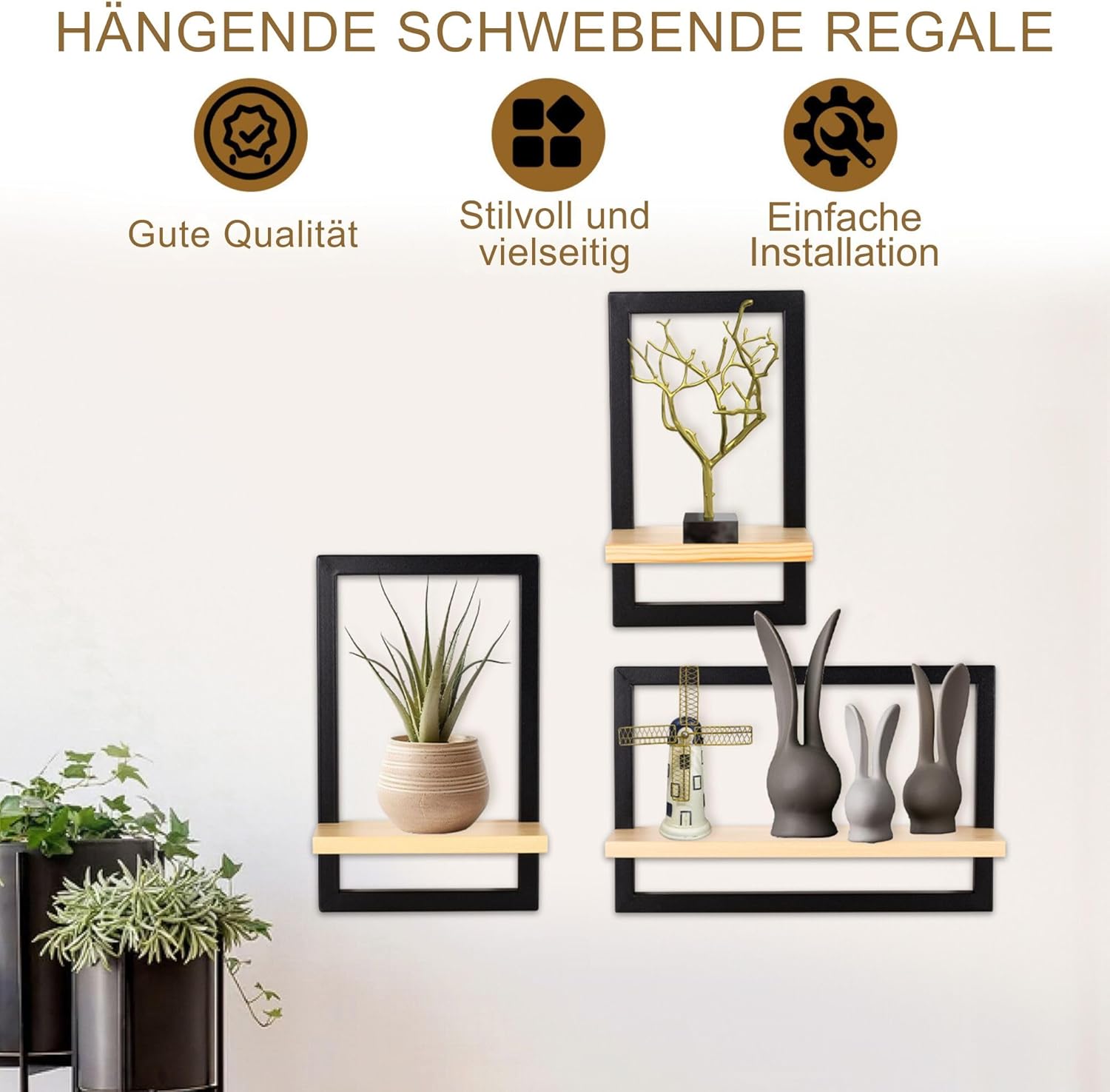 Detalle de hi-home Set mit 3 Wandregalen – schwebende, quadratische Holzwandregale in Braun