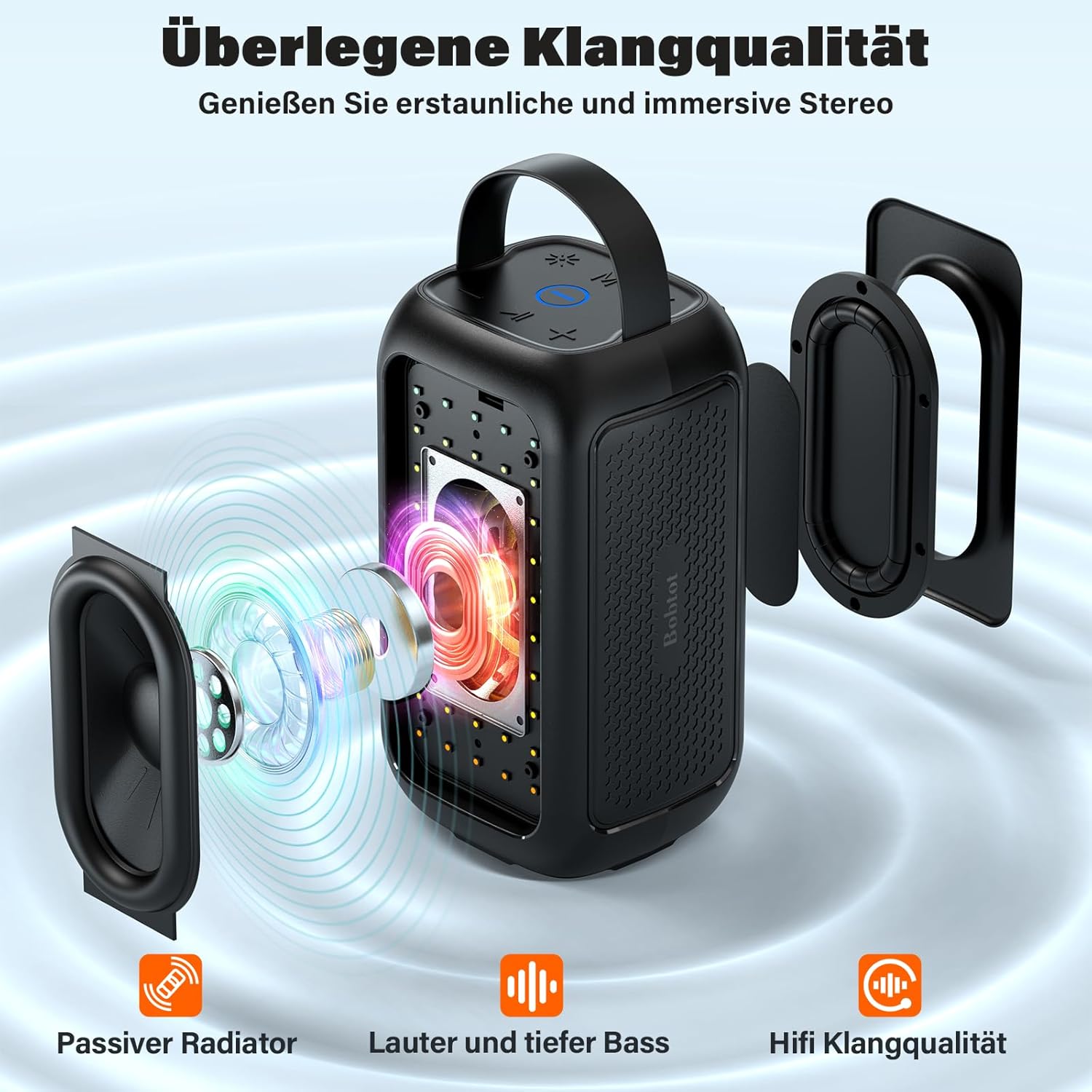 Thumbnail 1 de Bobtot Tragbarer Bluetooth-Lautsprecher mit Mikrofon, 16 Stunden Akku, Karaoke-Effekt, RGB-Beleuchtung und EQ-Modi