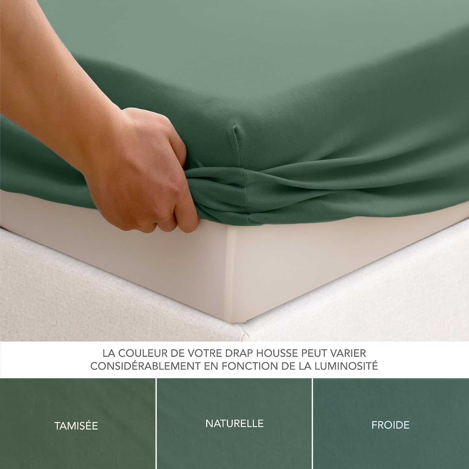 Detalle de Dreamzie Drap housse 180x200 en coton jersey extensible, bonnet 30 cm (vert canard) certifié Oeko-Tex