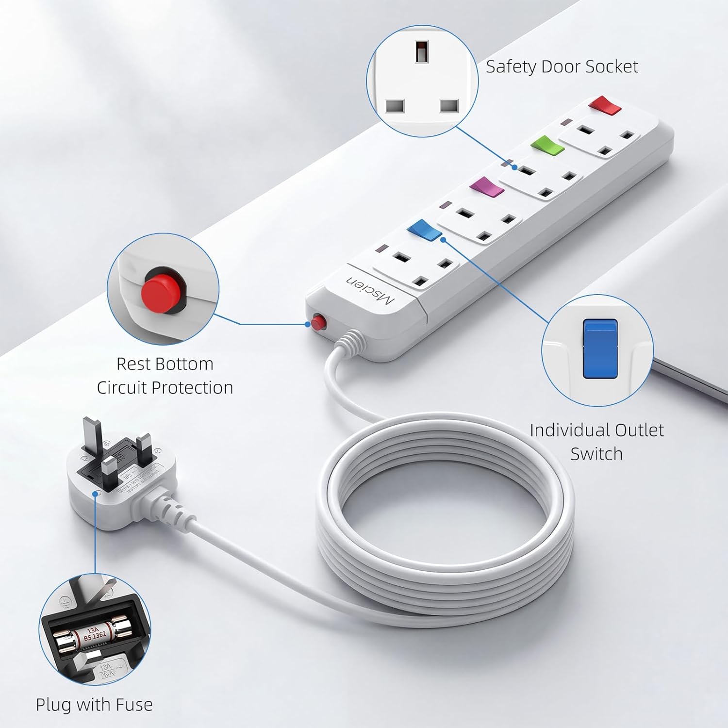 Thumbnail 1 de Mscien 1m 4-Way Wall-Mounted Extension Lead with Individual Switches (2500W, White)