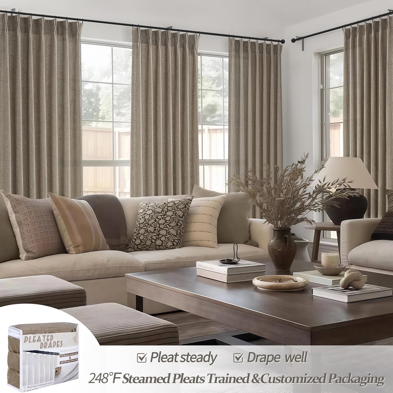 Detalle de Pinch Pleated Dark Flax Privacy Curtains: 105-Inch, 2 Panels, Light Filtering Linen Boho Elegance
