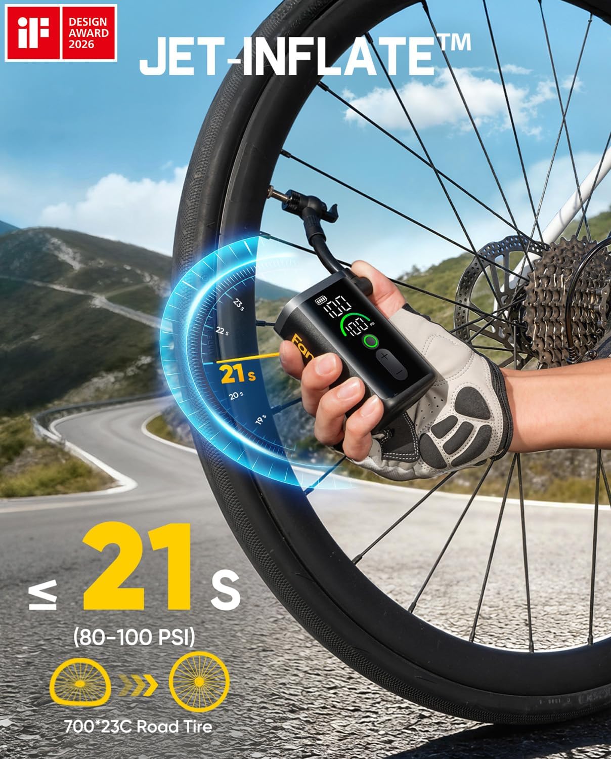 Detalle 2 de Fanttik X11 Ace Mini Bike Pump: 21s Fast Inflate with Auto Stop and Gauge