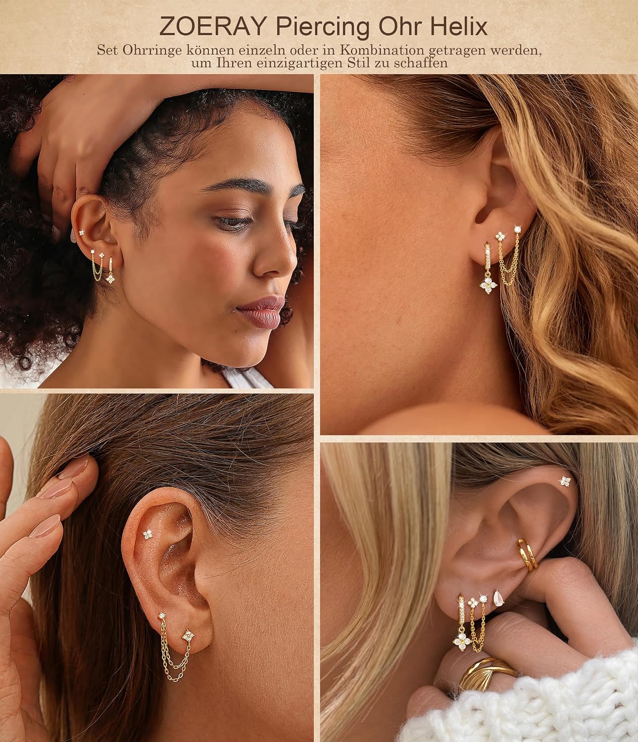 Detalle de ZOERAY 3 Paar Ohrringe Silber 925 / Gold – Vielseitiges 3er Set für Damen, wasserfest und hypoallergen