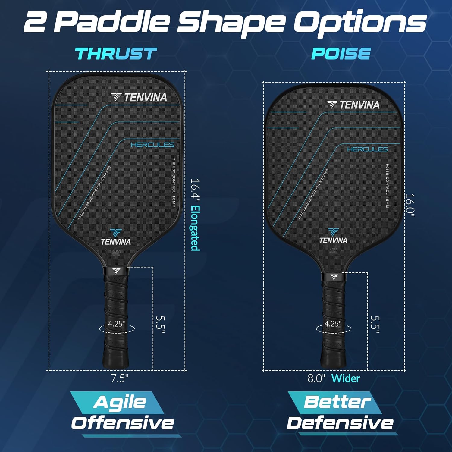 Detalle de TENVINA Pickleball Paddles — Multi-Layer T700SC Carbon Fiber, 4 Shapes & 2 Thicknesses, USAPA Approved