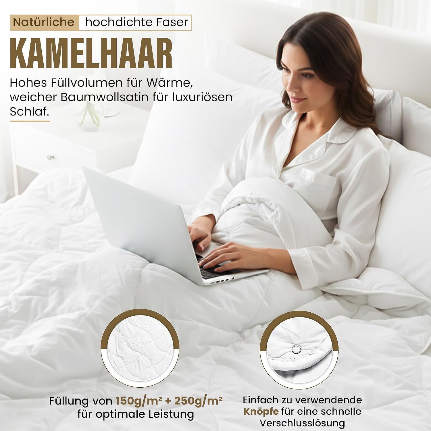 Detalle 2 de Feluna® Camel Hair 4-Season Duvet Set, 135x200 cm, 500 g/m², Cotton Satin