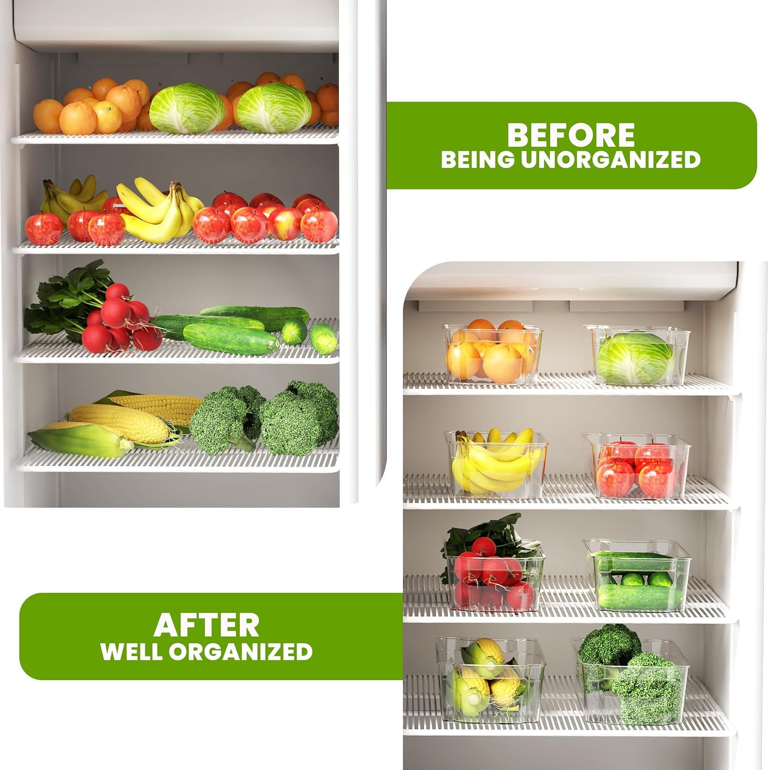 Detalle 2 de KICHLY Stackable Fridge Organisers – 8 Clear BPA-Free Storage Boxes with Handles