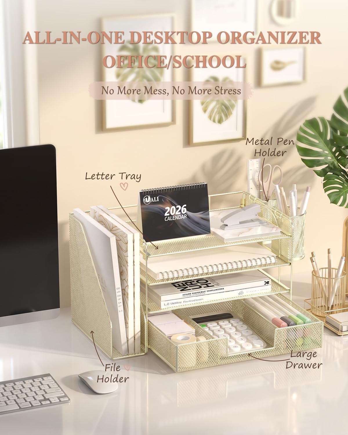 Detalle de WALI DO005DH-G Desktop File Organizer, 4-Tier Metal Letter Trays, Gold