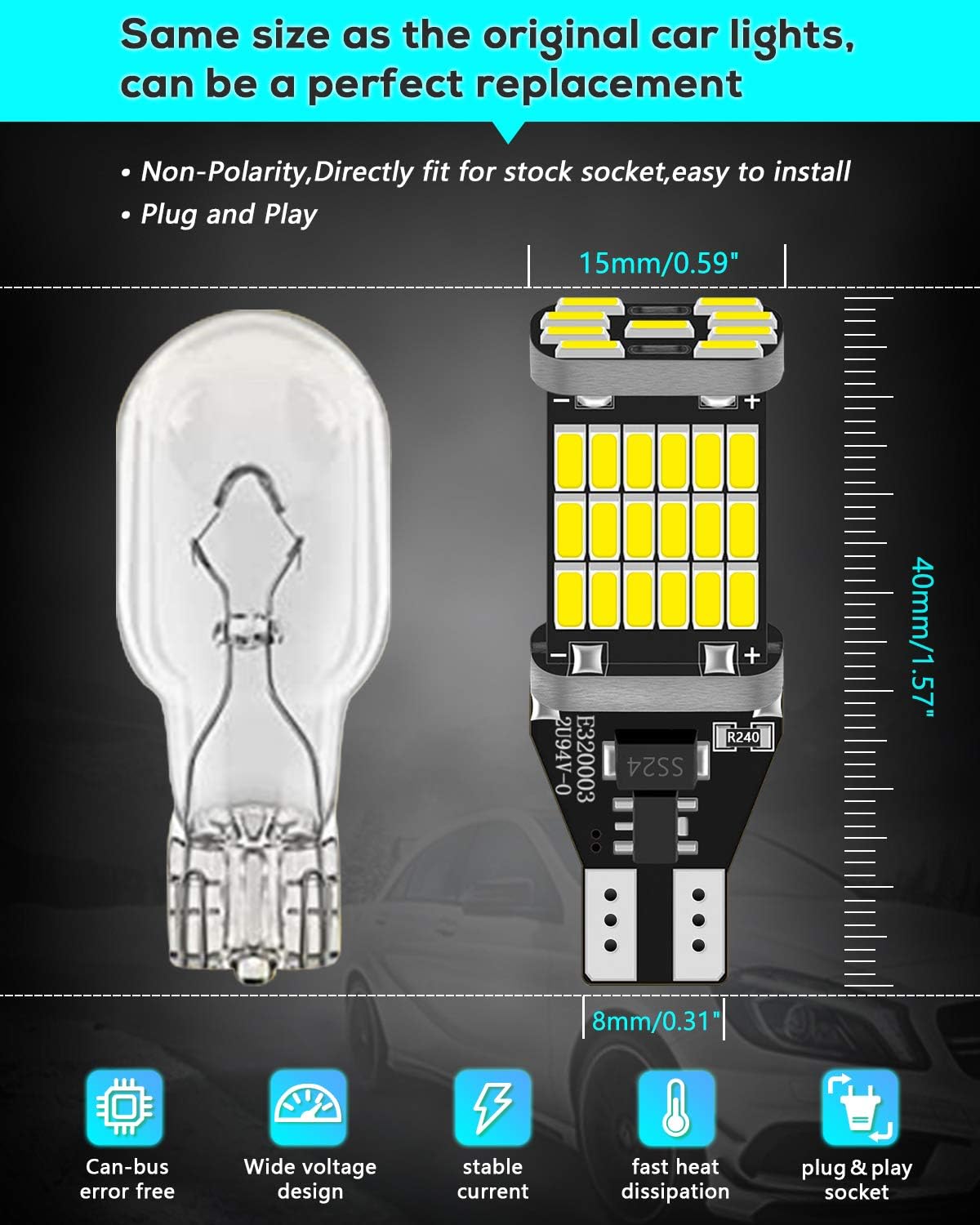 Thumbnail 1 de Alopee 4-Pack 921/912 T10/T15 LED Bulbs – 1200 Lumen, 12V–24V, 6000K White, CANBUS Error Free