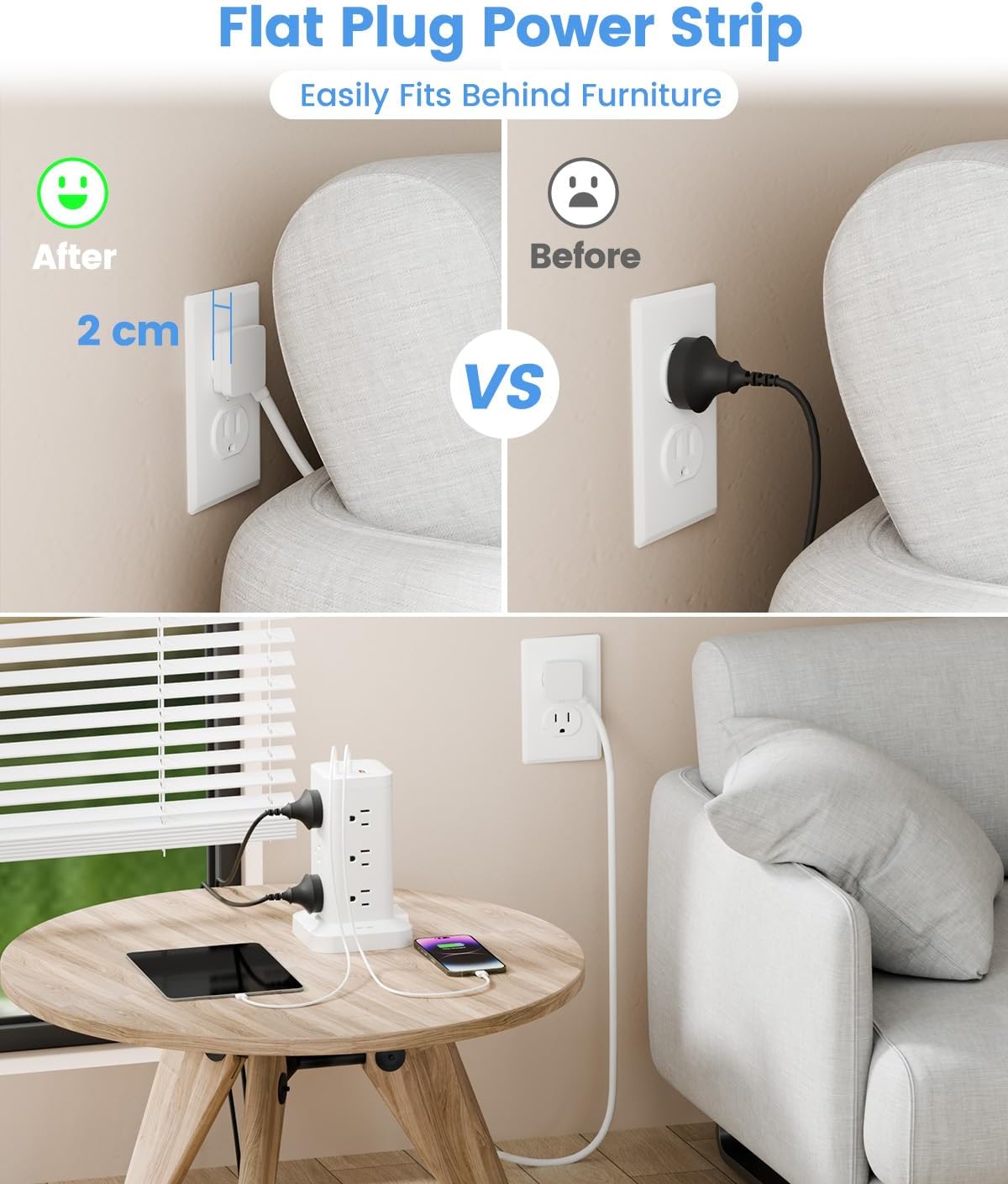 Thumbnail 5 de Power Strip Tower with Surge Protector 1800J (15-in-1) with PD20W USB-C, 12 AC Outlets, 10ft Extension Cord, White