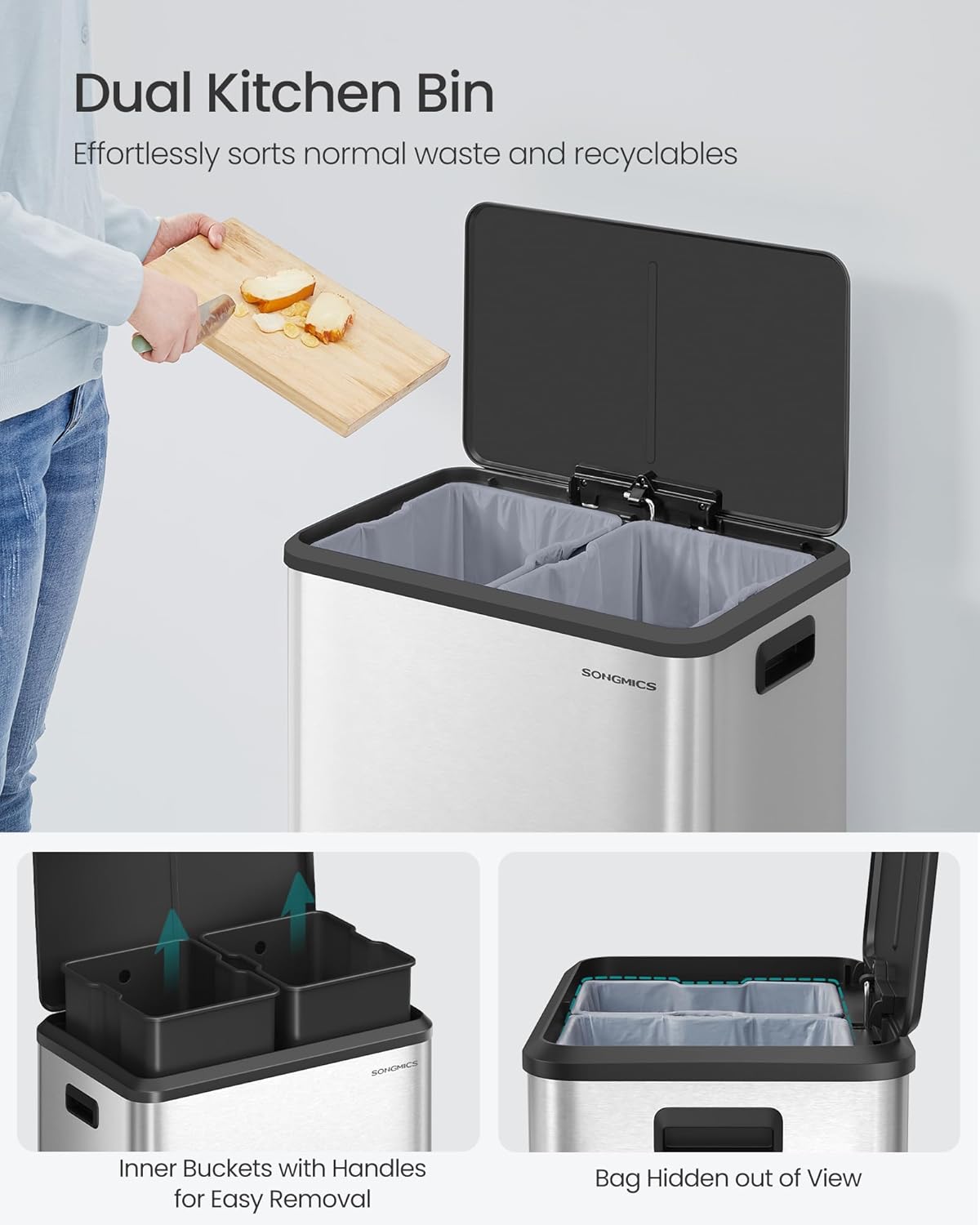 Thumbnail 3 de SONGMICS Kitchen Bin 2 x 8 Gal Double Rubbish Bin