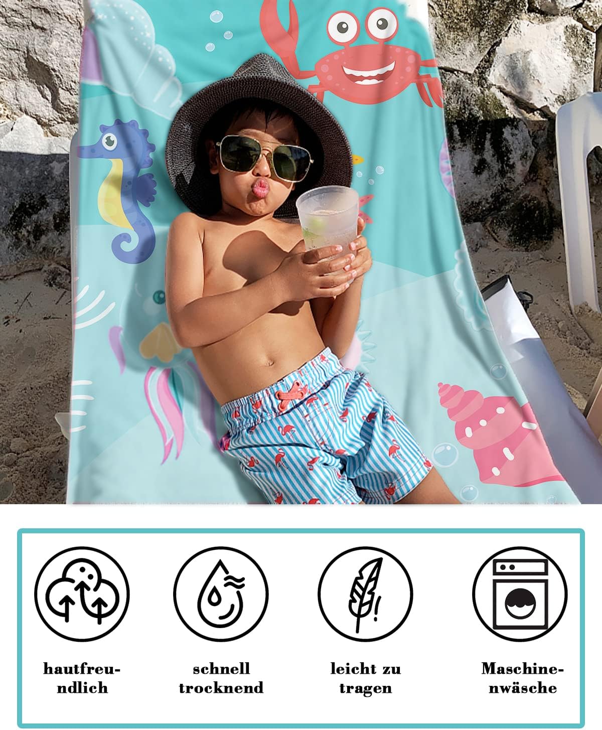 Detalle de Rowjoy Telo da spiaggia per bambini Blue Ocean: asciugamano mare in microfibra con animali marini (60 x 120 cm)