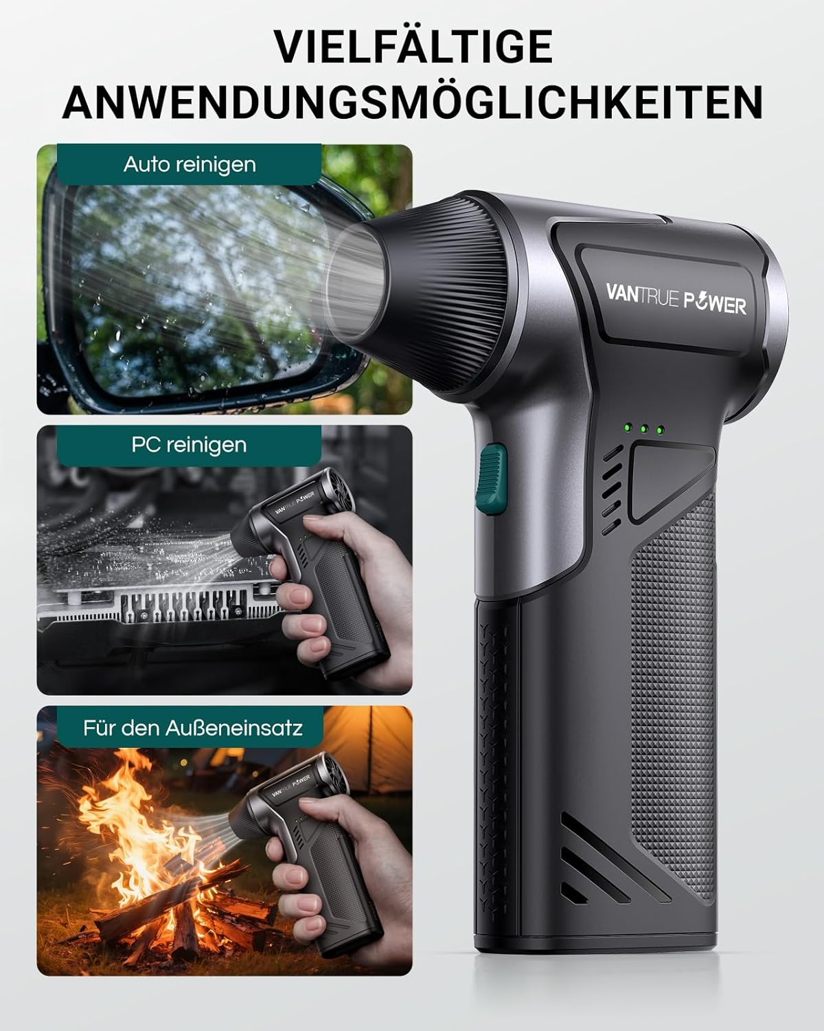 Detalle 2 de VANTRUE POWER T150 Elektrischer Luftbläser, 110.000 U/min Starkes Druckluftgebläse mit 3 Geschwindigkeiten & Schnellladung – Staubsauger Elektro Gebläse für Computer, Tastatur, Auto, Haushalt,Outdoor
VANTRUE POWER T150 Elektrischer Luftbläser, 11…