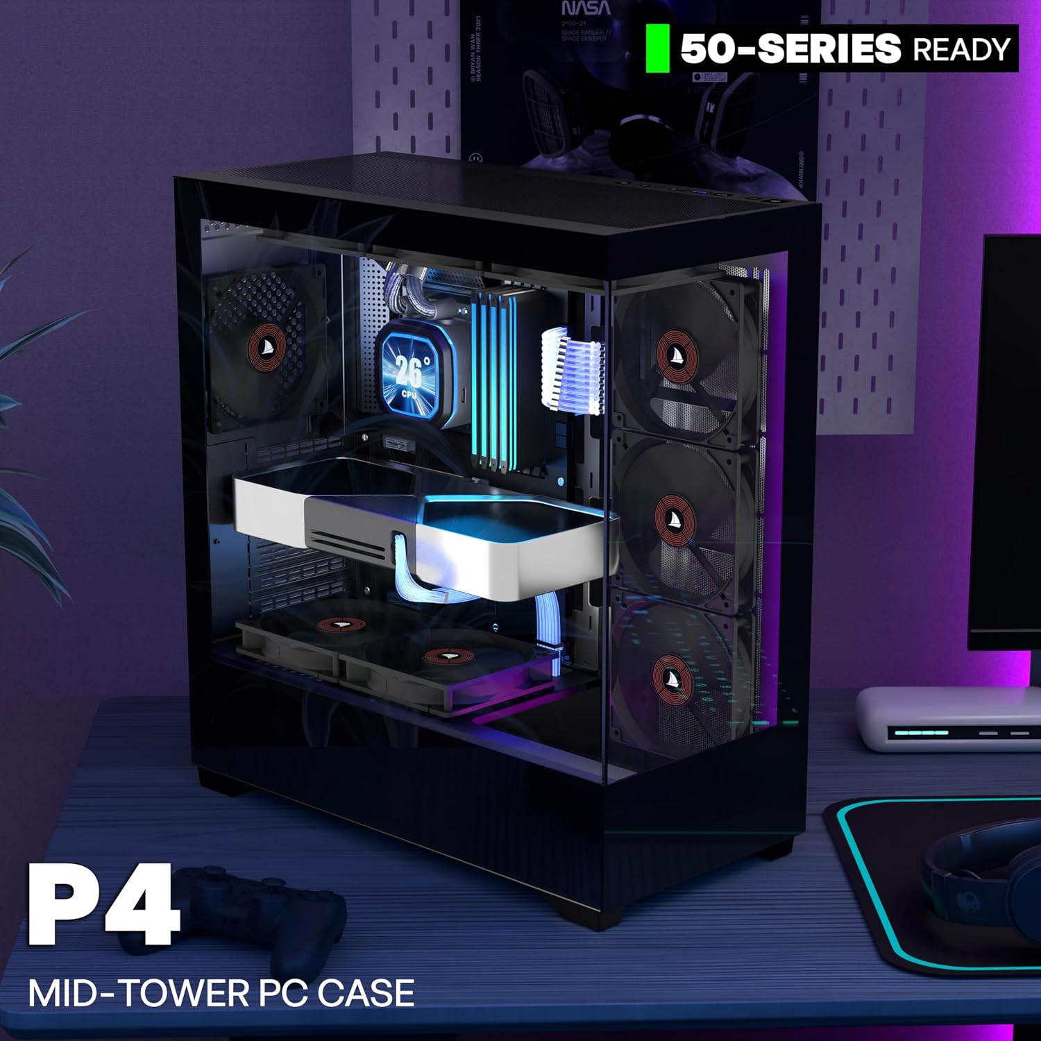 Thumbnail 1 de PCZZOI ATX Mid Tower Case with 4 Pre-Installed Fans and 270° Glass Display