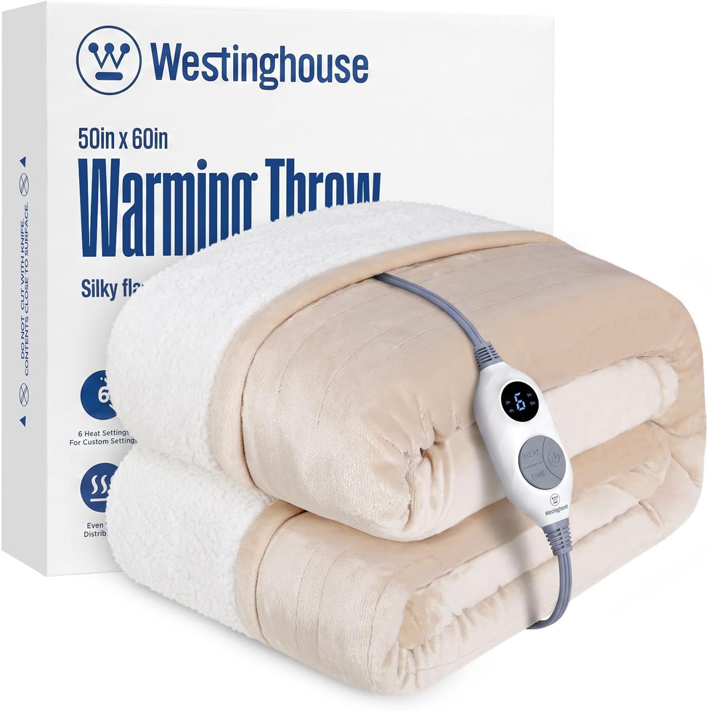 Detalle de Westinghouse KTHT-QCHVS-W Heated Throw Blanket, Beige Flannel and Sherpa