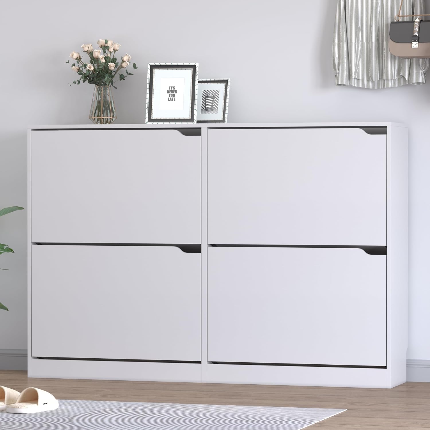 Detalle de BORNOON 4-Drawer Shoe Cabinet, Slim White Engineered Wood Storage