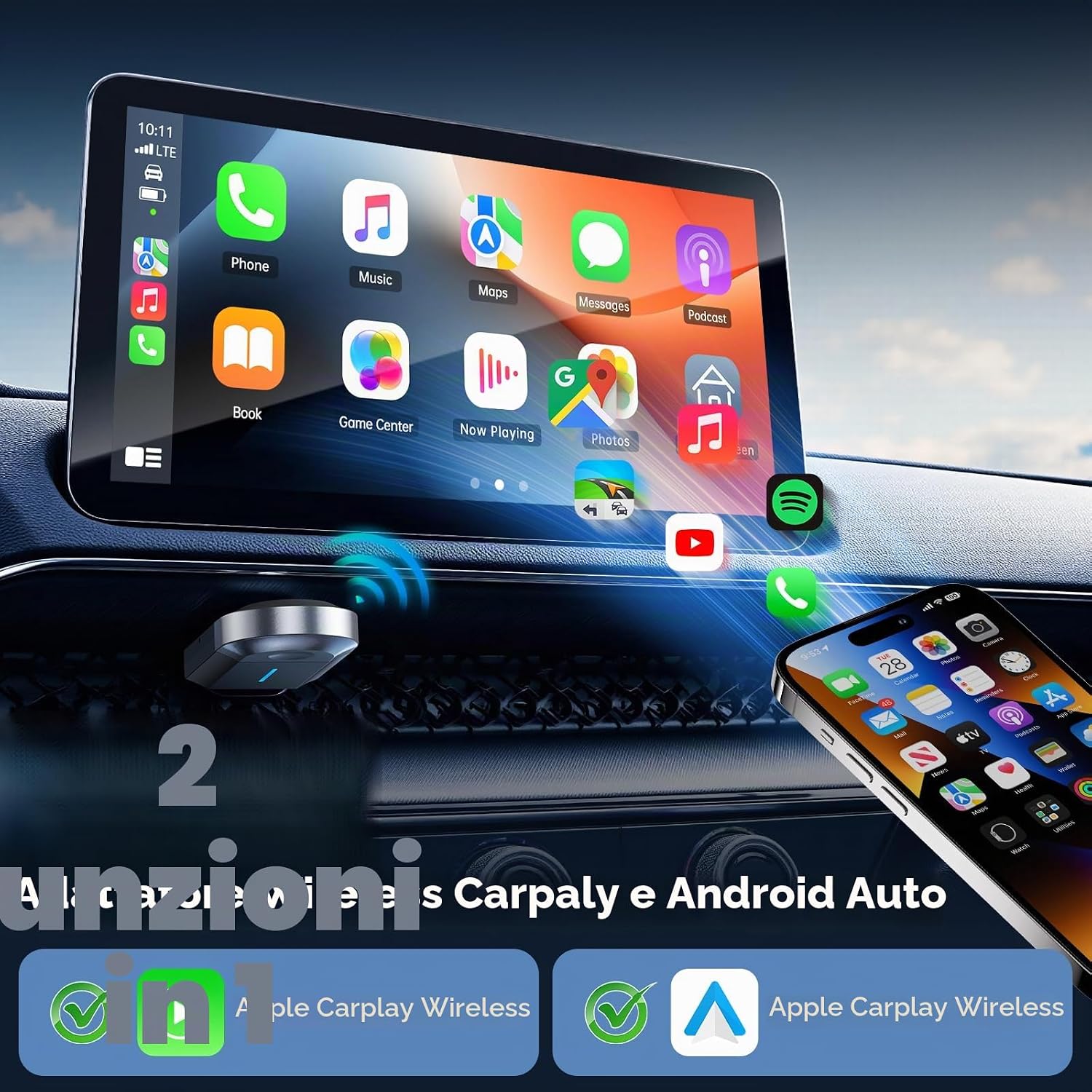 Thumbnail 1 de LAMTTO 2 in 1 Adattatore CarPlay/Android Auto Wireless: Plug & Play, 5.3 Bluetooth e Wi‑Fi 5.8 GHz
