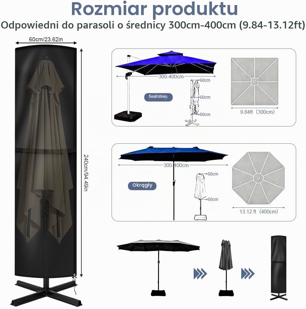 Detalle de AOOWU 5499834 – wodoodporny pokrowiec na parasol ogrodowy 240 × 60 × 60 cm
