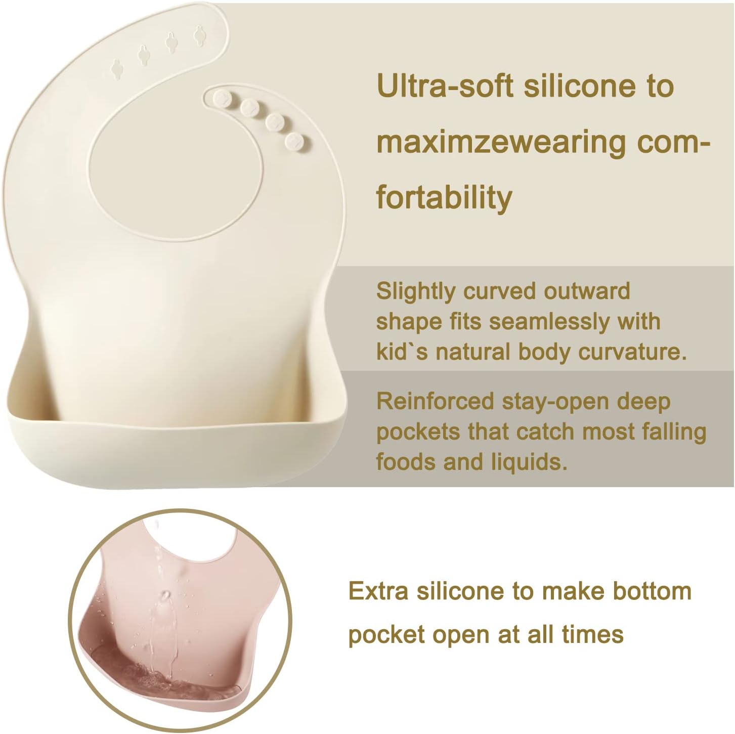 Detalle 2 de PandaEar 3 Pack Silicone Baby Bibs for Weaning – Waterproof, Deep Catch Pocket, Adjustable Neck (Muted Pink, Rose, Linen)