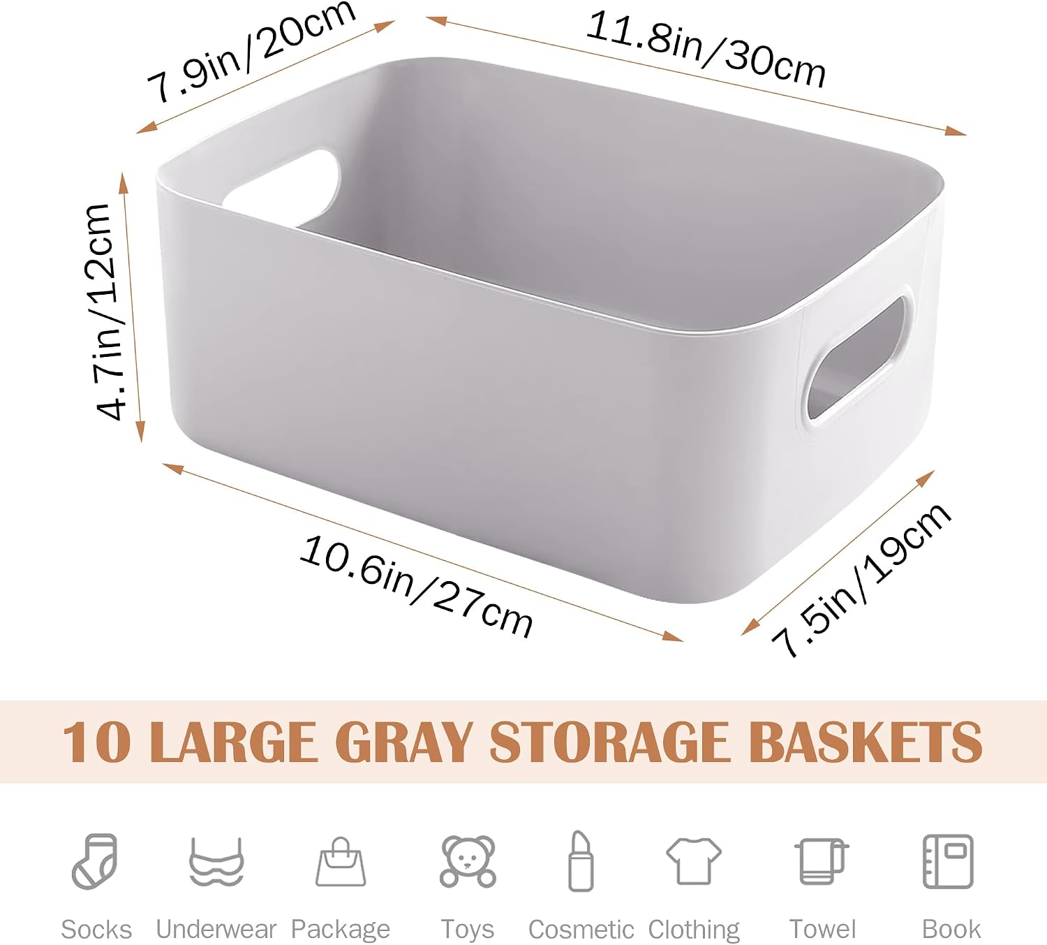 Detalle de SHEPIN Aufbewahrungsboxen (10er-Set) aus Kunststoff, grau, 30 x 20 x 12 cm, mit Griff – Organizer für Bad, Küche & Büro