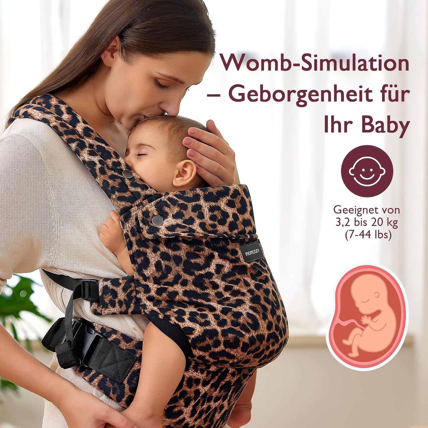 Thumbnail 1 de Momcozy Babytrage aus 100% Baumwolle mit ergonomischer M-Position & X-Rücken (3–24 Monate, 3,2–20 kg) – Leopard