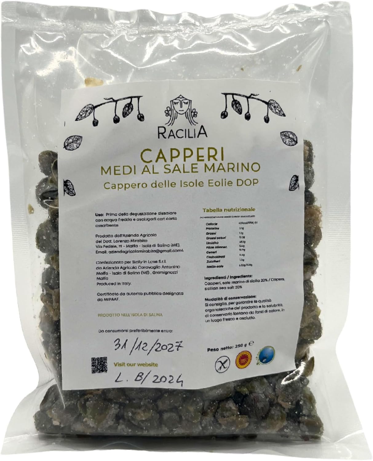 Detalle de RACILIA Capperi Medi Sotto Sale DOP Isole Eolie – Lavorazione Artigianale Siciliana 100% Italiani 250 g