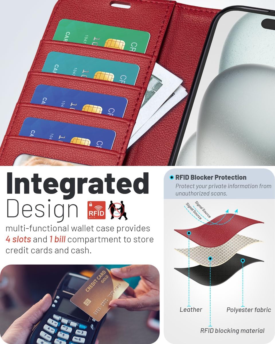 Thumbnail 2 de OCASE Hülle für iPhone 17 Pro Max 5G – Lederhülle mit Kartenfach, Magnet, RFID-Blocker und Standfunktion (Argyle-Rot)