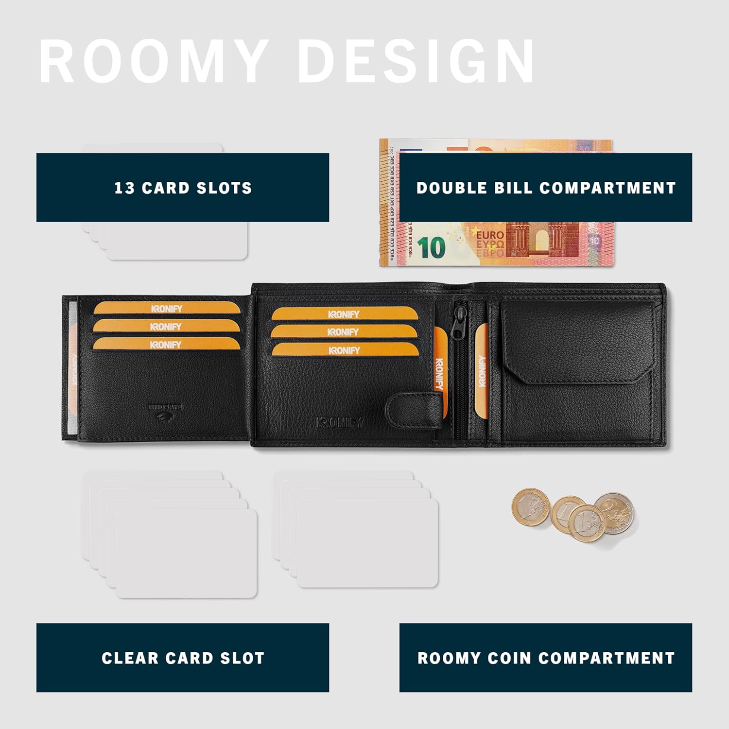 Thumbnail 6 de KRONIFY portafoglio uomo in vera pelle con protezione RFID/NFC, formato orizzontale e 13 scomparti carte (nappa nera)